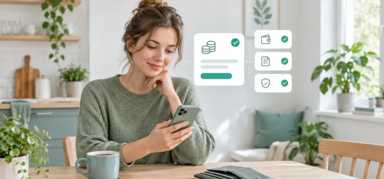 Kvinna vid köksbordet som ansöker om ett litet lån på 500 kr i mobilen