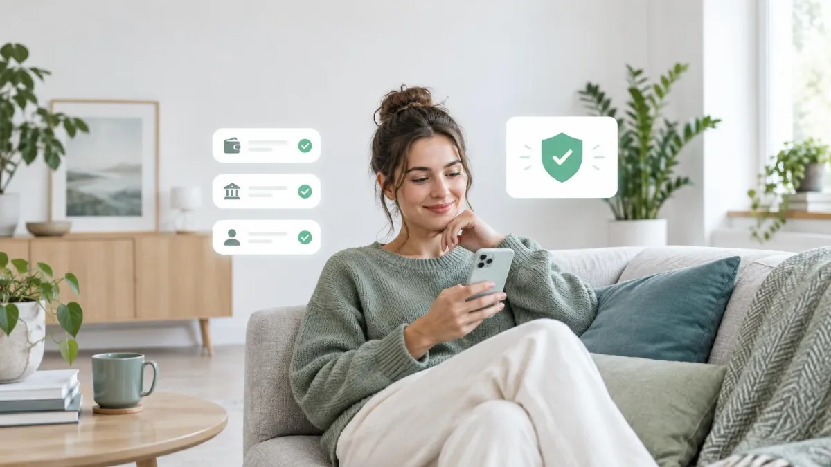 Ung kvinna i soffan som granskar ett låneerbjudande i mobilen