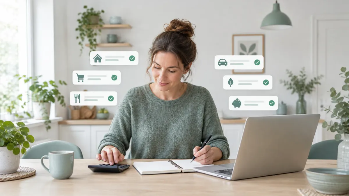 Kvinna som räknar på sin hushållsbudget med miniräknare och dator vid köksbordet
