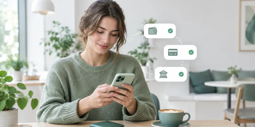 Händer som jämför minilån i mobilen på ett café