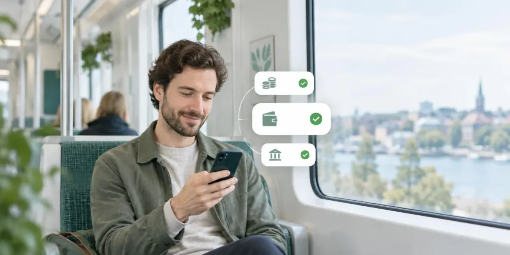 Man på tåget som får pengarna från ett smslån direkt i mobilen