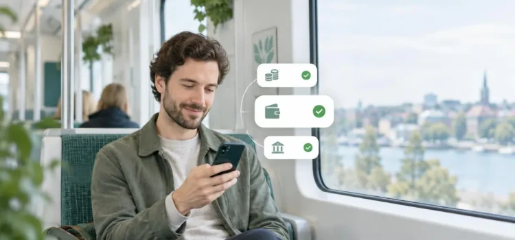 Man på tåget som får pengarna från ett smslån direkt i mobilen
