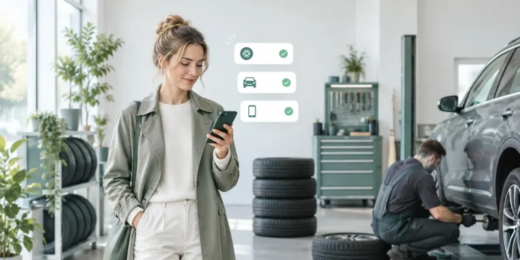 Kvinna på däckverkstaden som ansöker om ett snabblån på 10 000 kr i mobilen