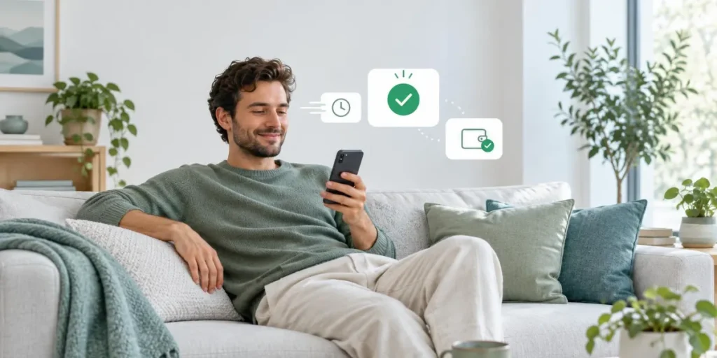 Man i soffan som får pengarna från ett snabblån på 5000 kr direkt i mobilen