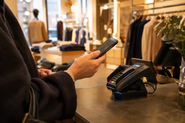 En kund håller en mobiltelefon vid kortterminalen i kassan i en klädbutik