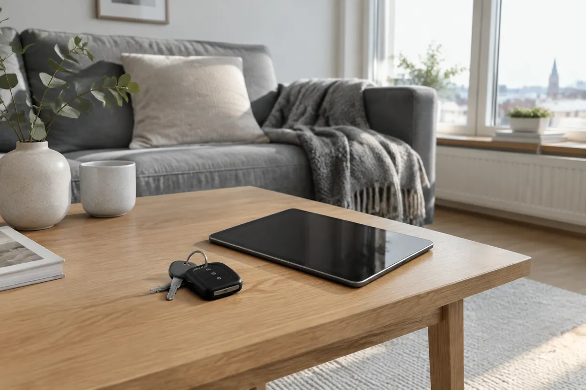 Bilnycklar och en surfplatta på ett soffbord i ett ljust vardagsrum