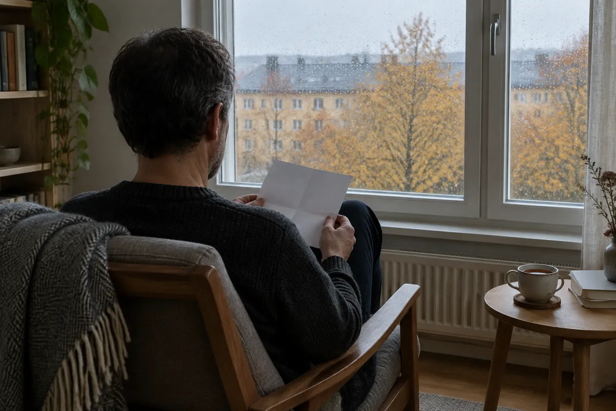 En man sedd bakifrån läser ett brev i en fåtölj vid ett regnigt fönster