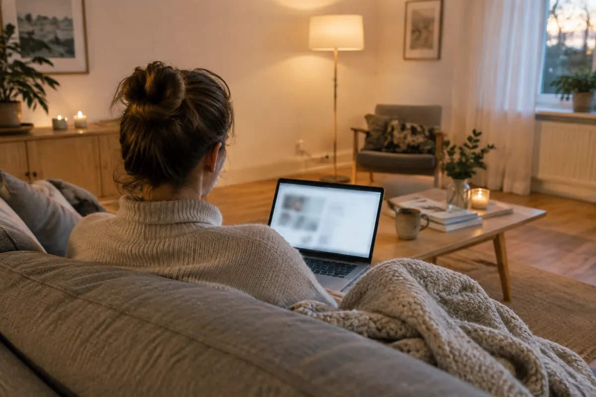 En person sedd bakifrån som sitter i en soffa och tittar på en bärbar dator i ett vardagsrum