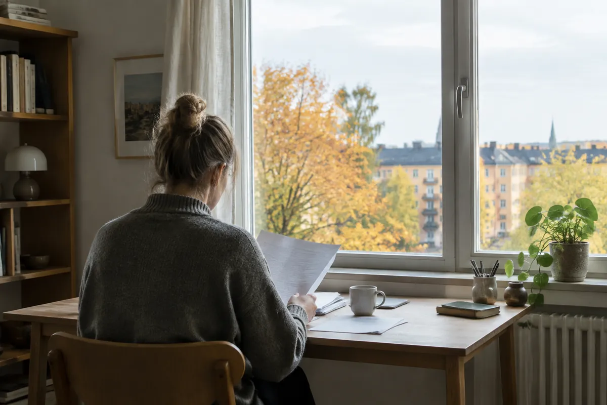 En person sedd bakifrån läser papper vid ett skrivbord framför ett fönster med höstträd