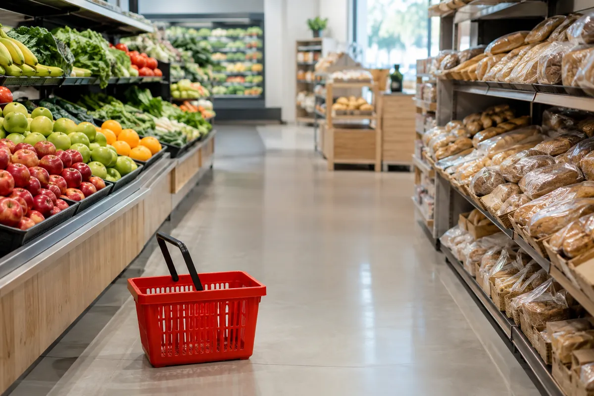Hyllor med frukt, grönsaker och bröd i en livsmedelsbutik och en tom kundkorg i förgrunden