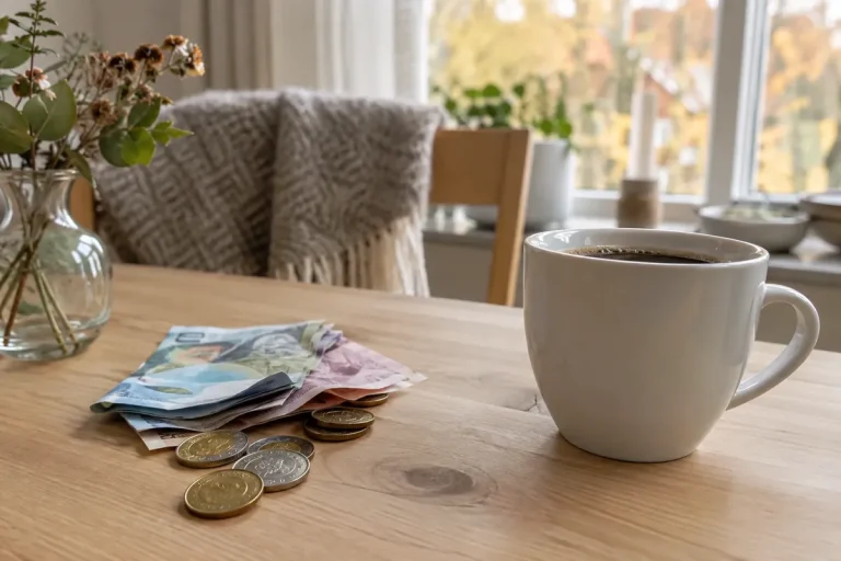 Svenska mynt och vikta sedlar bredvid en kaffekopp på ett bord i ljust trä