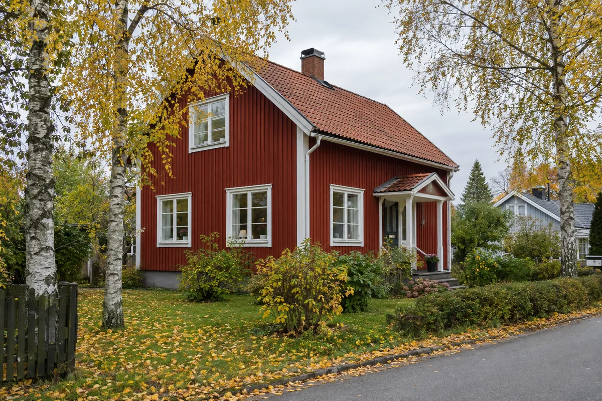 En röd trävilla med vita knutar och höstlöv på gräsmattan